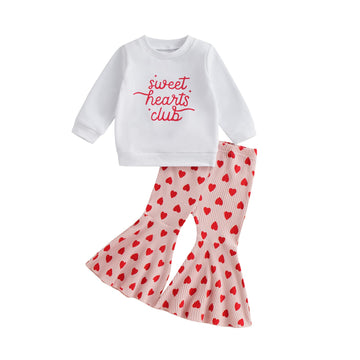 Wybzd Baby Girl Valentines Day Outfit Sweet Hearts Club Sweatshirt Top Bell-Bottom Pants Sets Cute Toddler Clothes Sweet Hearts