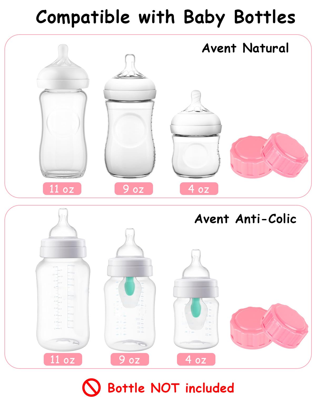Travel And Storage Bottle Caps Compatible With Avent Baby Bottles, Bottle Lids Replacement, 8 Count, Pink