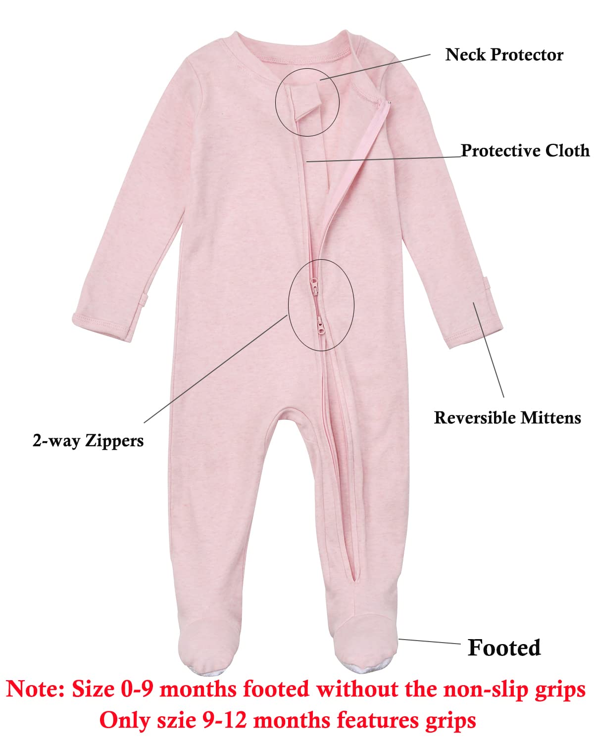 Aablexema Baby Footie Pajamas With Mittens - 3Pcs Infant Footed Sleeper Cotton Sleepwear Outfitsgrey Khaki/Dot/Pink, 3-6M