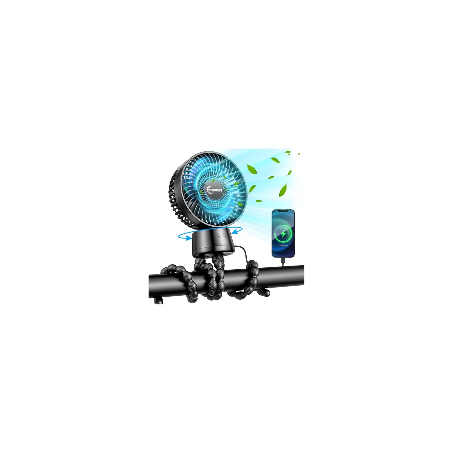 20000mAh Portable Stroller Fan with Auto Oscillating, Extended Anti-Slip Detachable Flexible Tripod, Power Bank & LED Light, 3-S