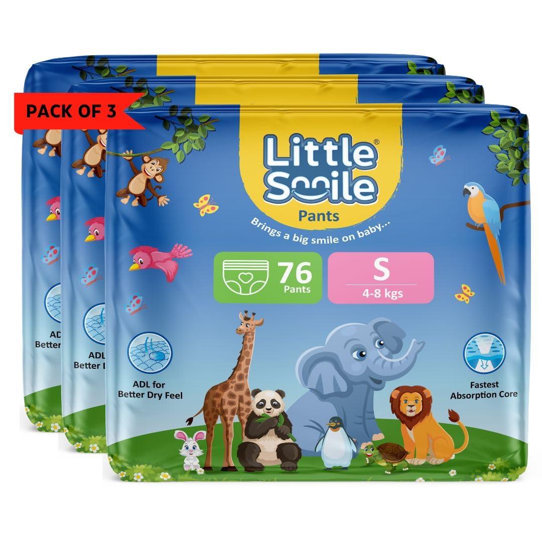 Little Smile Baby Diapers Pant Style | Small (S) Size | Ideal For 48 Kgs Baby | 228 Count Odorless And Antibacterial Layer Wit