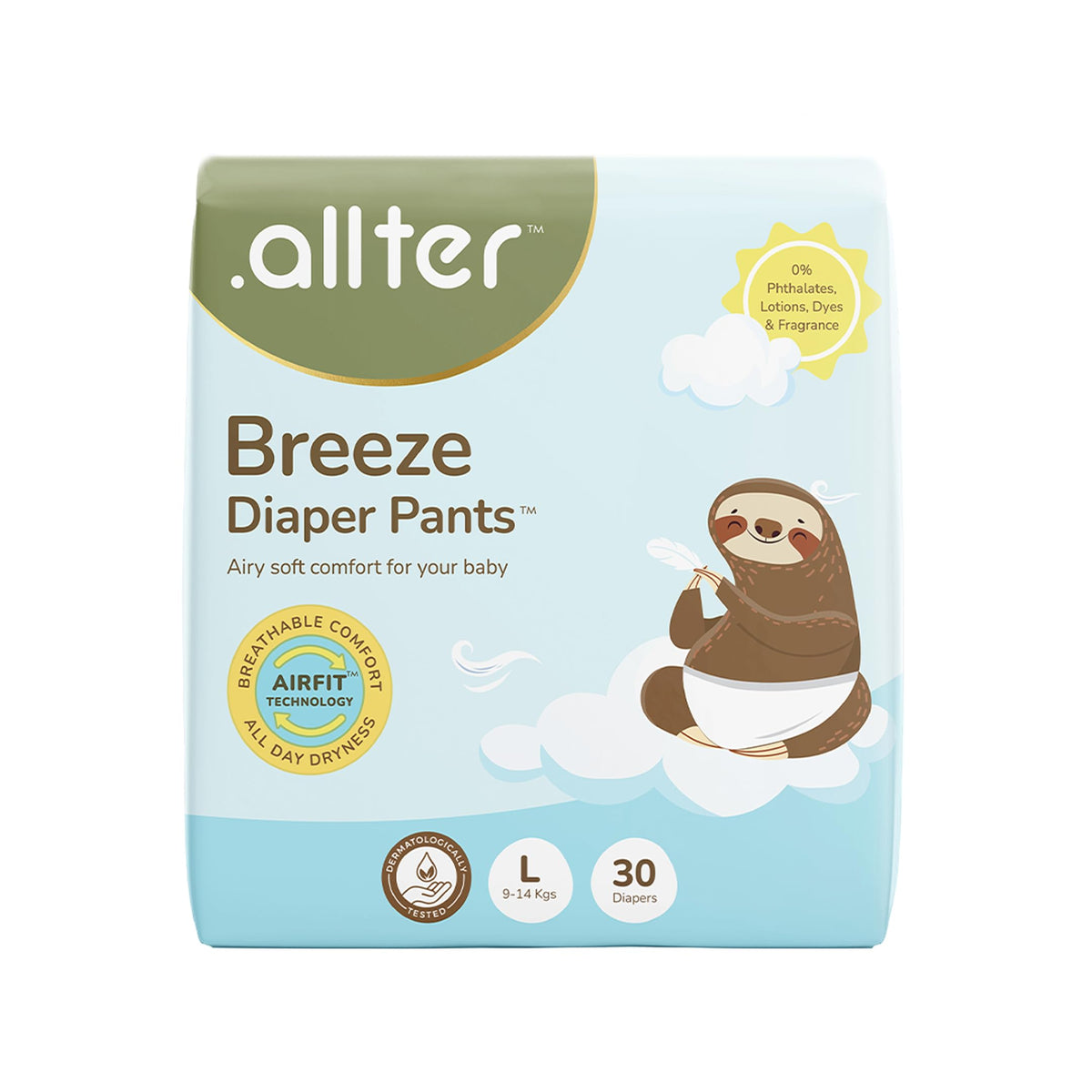 .Allter Breeze Baby Diaper Pants  L Size (914 Kgs) | 30 Count, Pack Of 1 | Airfit Technology For Breathable Comfort | Dermat T