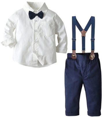 Sangtree Baby Boys Dress Clothes, Toddlers Boys Long Sleeves Button Down Dress Shirt With Bowtie + Suspender Pants Set Gentlemen