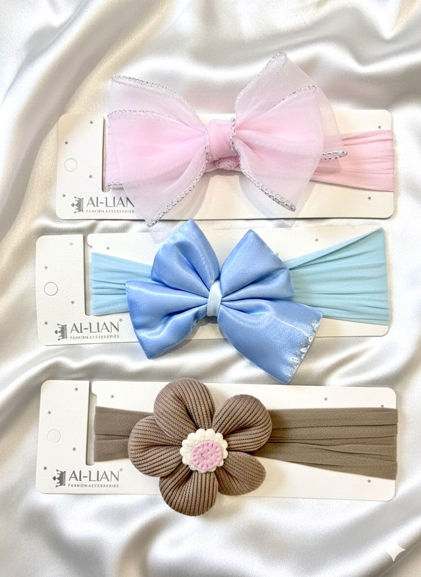 Hair Sarkles Baby Headbands With Bow, Soft Nylon Elastic, 3 Pack, Pastel Colors, Newborn To Toddler