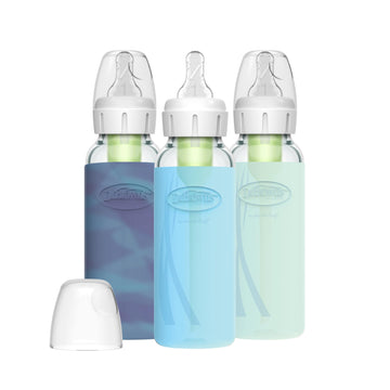 Dr. Brown'S Natural Flow Anti-Colic Options+ Narrow Glass Baby Bottle, 8 Oz/250 Ml, With Silicone Bottle Sleeve, 3 Pack, Glow/Bl