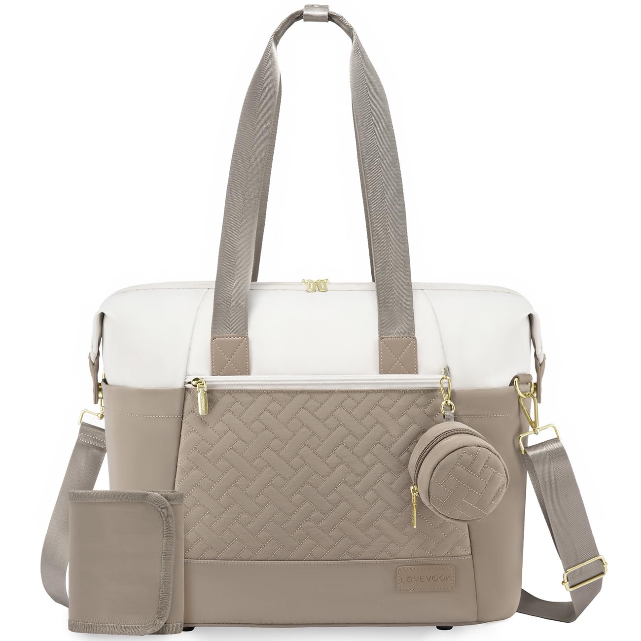 Lovevook Diaper Bag Tote, Large Baby Tote Bag, Travel Diaper Tote For Mom And Dad With Changing Pad And First Aid Bag, Khaki/Bei