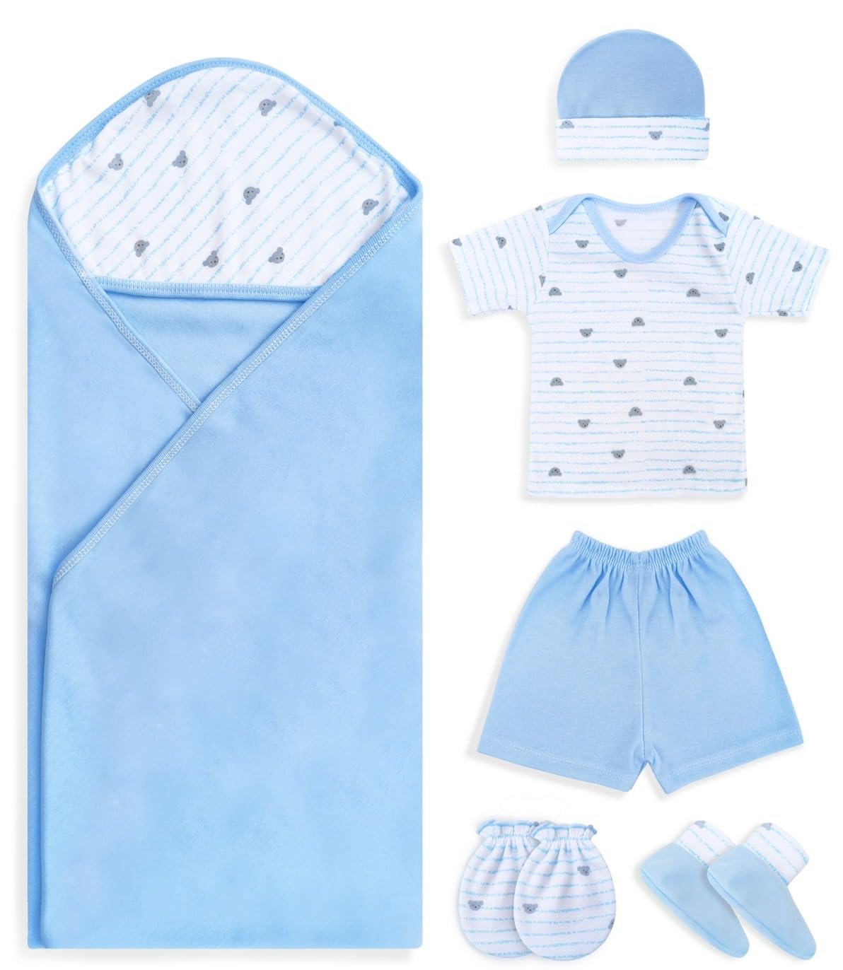 RATIVE The 6-Giftsets for 0-3 Months Newborn Essentials Must Haves Baby Towel with Hood Mittens Cap Booties Shirt and Shorts (Bl
