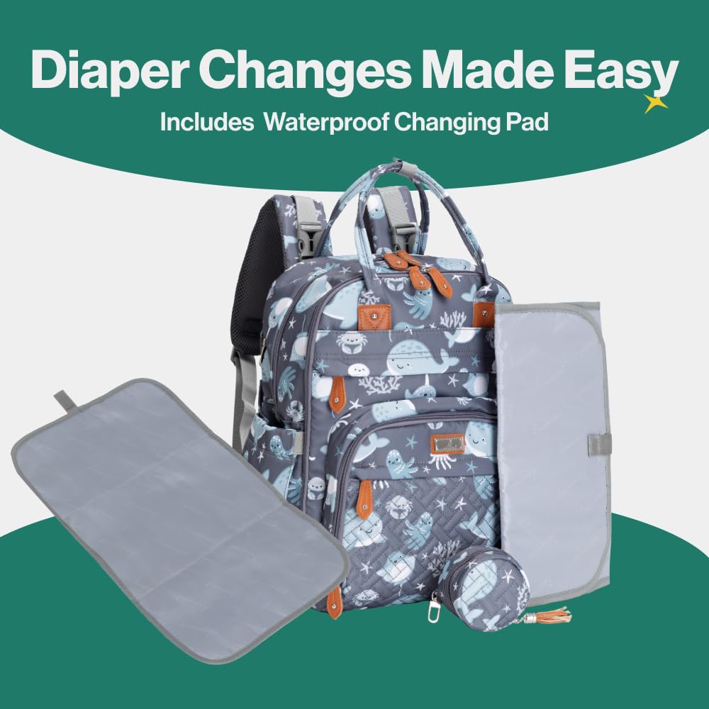 Babbleroo Baby Diaper Bag - Laptop Backpack, Sea Animals, Unisex, 12'X8'X16.5', 26L