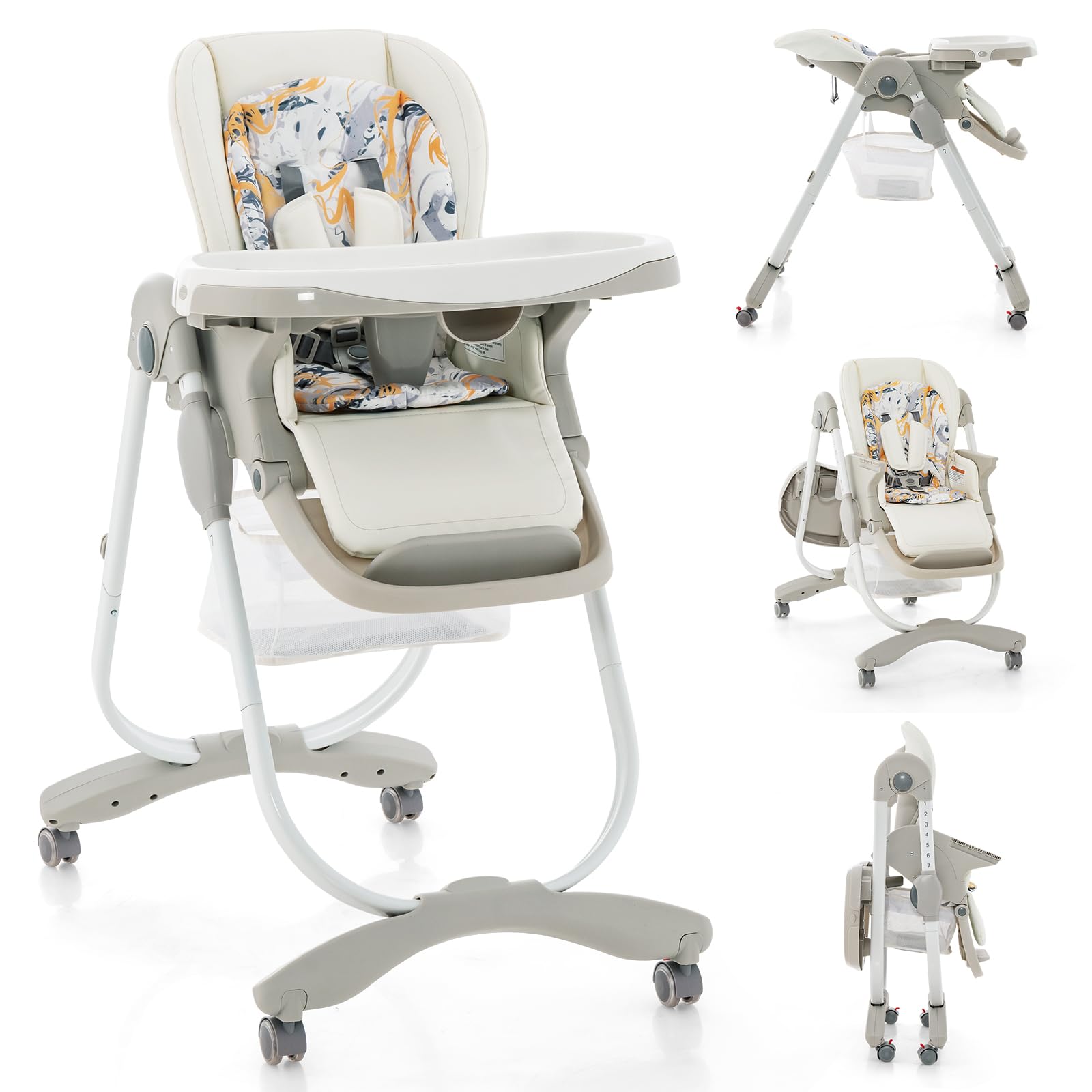 BABY JOY Foldable High Chair with Adjustable Height, Recline & Footrest, Double Removable Tray, Storage Basket, Portable High Ch