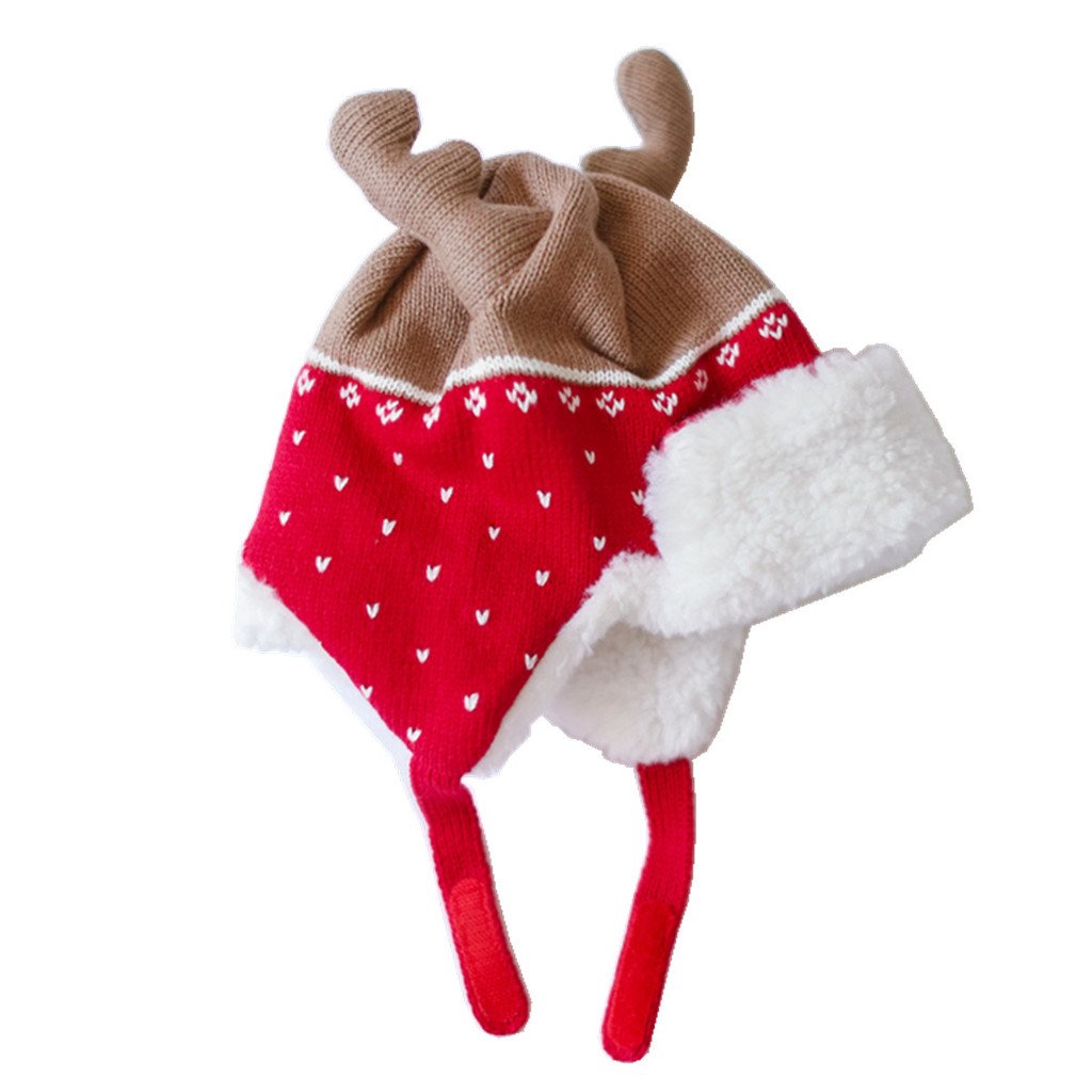 Home Prefer Kids Girls Winter Hats Soft Cotton Knitted Hat Cute Elk Horn Earflaps Christmas Hat Red Xl