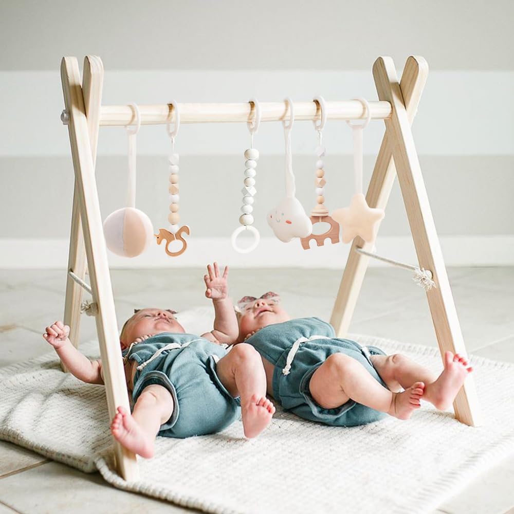 Wooden Baby Gym With 6 Gym Toys, Foldable Baby Play Gym, Natural Pine Wood Play Gym, Frame Activity Center Hanging Bar, Wooden P