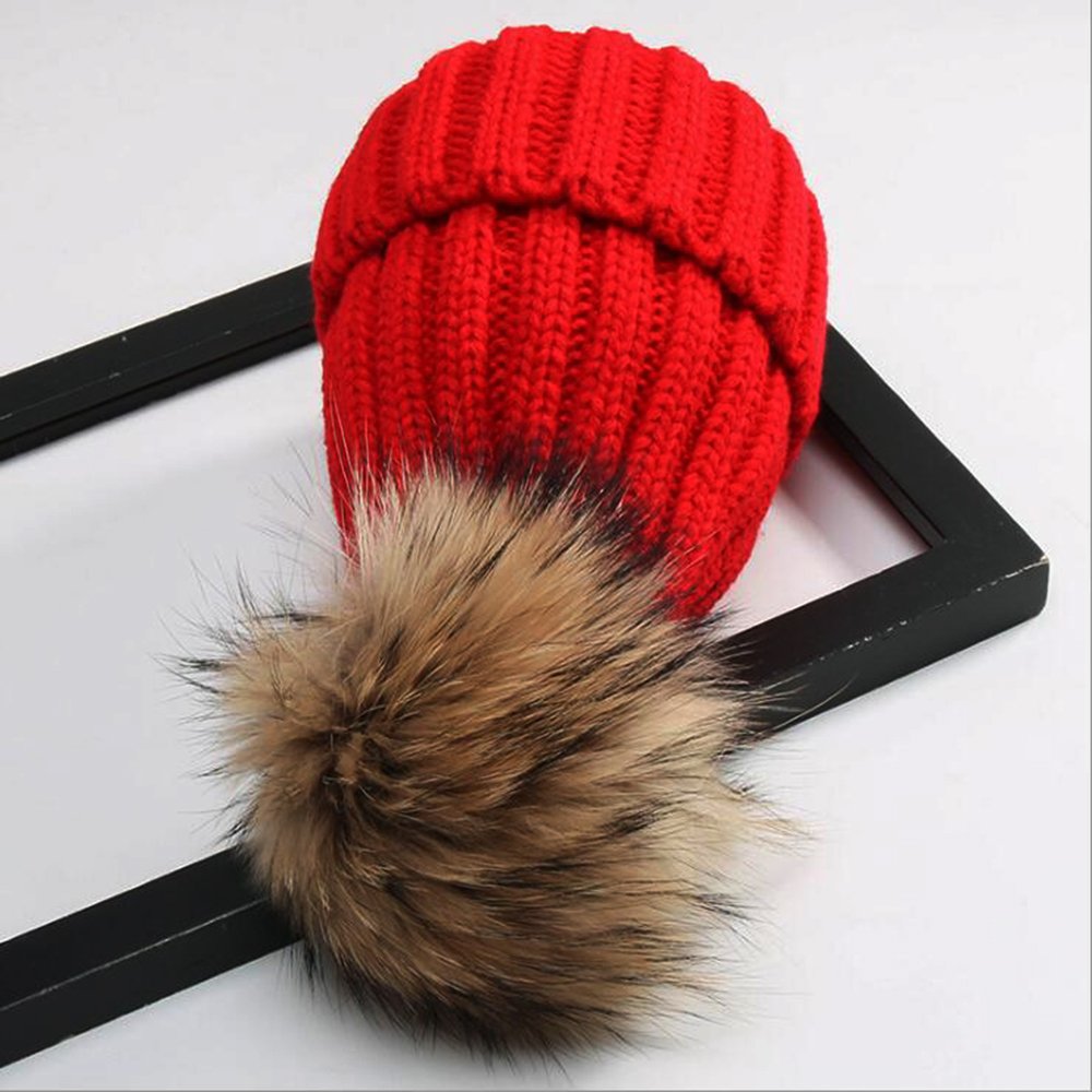 Baby Girl Winter Cap, Solid Color Knitted Beanie Hat With Pom Pom Hat Winter Warm Skull Cap Red 46-51Cm