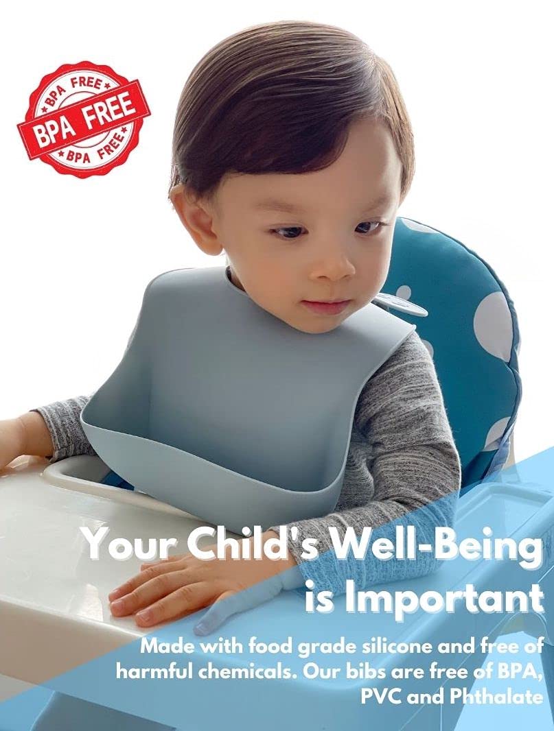 The Happy Stork Baby Silicone Bibs With Food Catcher, Adjustable Baby Bibs Set For Baby Girls Boys Infant And Toddlers From 6-36