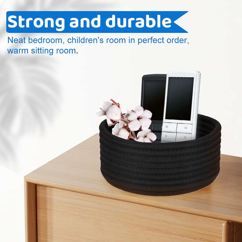Hispqser 2Pack Black Woven Baskets, Natural Small Cotton Rope Storage Cute Round Decorative For Toys Decorative Hamper For Nurse