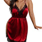 Xakalaka Women Plus Size Lace Babydoll Lingerie Side Slit Strappy Chemise Full Slip Satin Wine 4Xl