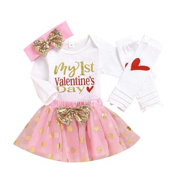 Xfglck Newborn Baby Girls Valentines Day Outfit Letter Print Bodysuit Romper +Tutu Skirt +Leg Warmers+ Headband Clothes Set (Ski