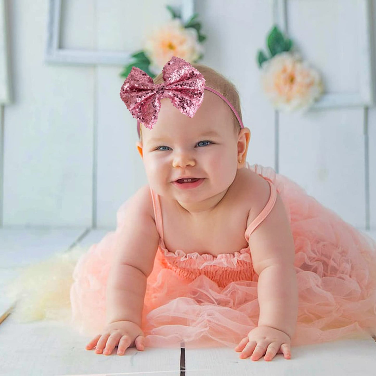 Song Qing Baby Infant Girls Hair Band Sequined Bow Headband Turban Knot Hair Headwear (Sequins Pink)