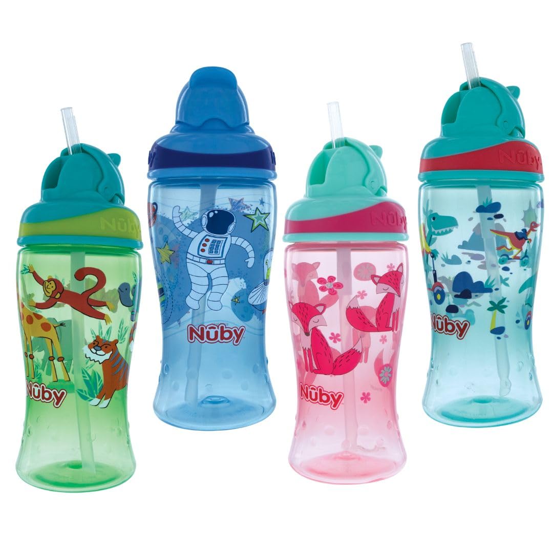 Nuby Thirsty Kids No-Spill Flip-It Printed Boost Cup With Thin Soft Straw - 12Oz, 18+ Months, 1 Pack Print May Vary