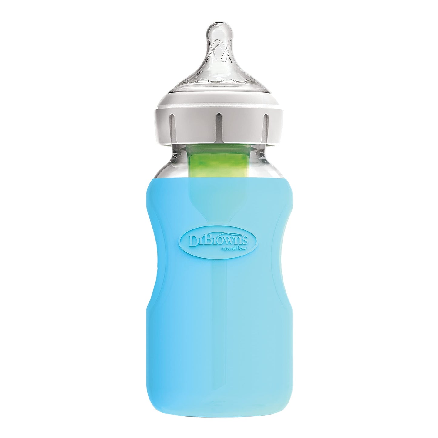 Dr. Brown'S Natural Flow Options+ Glass Baby Bottle Sleeves,100% Silicone,9 Oz,Wide-Neck,Blue