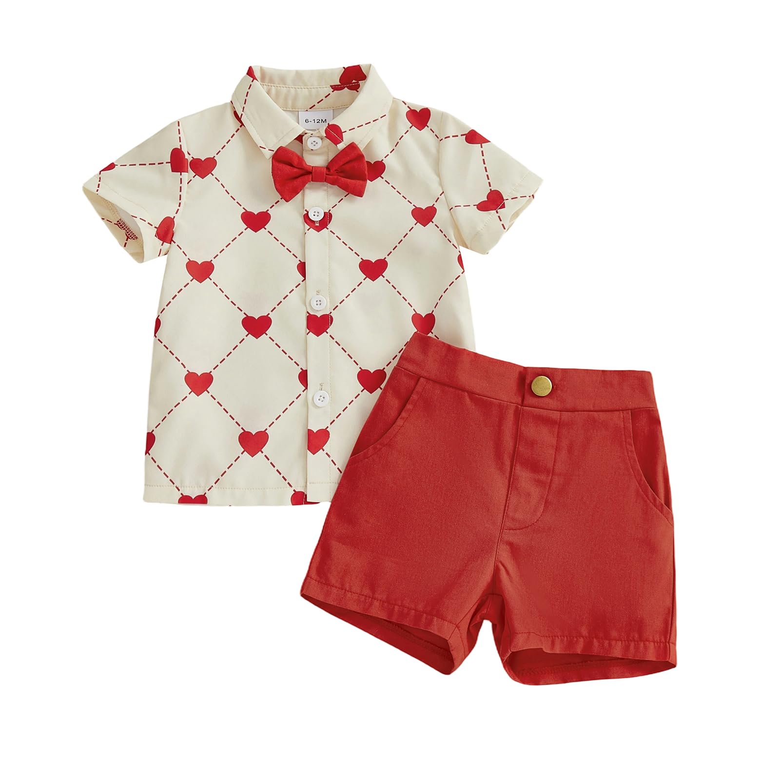 Thorn Tree Toddler Boy Valentines Day Outfit Bow Tie Short Sleeve Shirt Baby Shorts Gentleman Suit Valentines Clothes (Beige Red