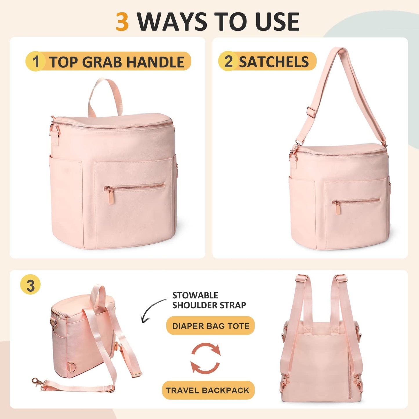 Mini Diaper Bag Leather By Miss Fong,Small Diaper Bag With In Bag Organizer, Insulated Pocket And Shoulder Strap(Pink Rose)