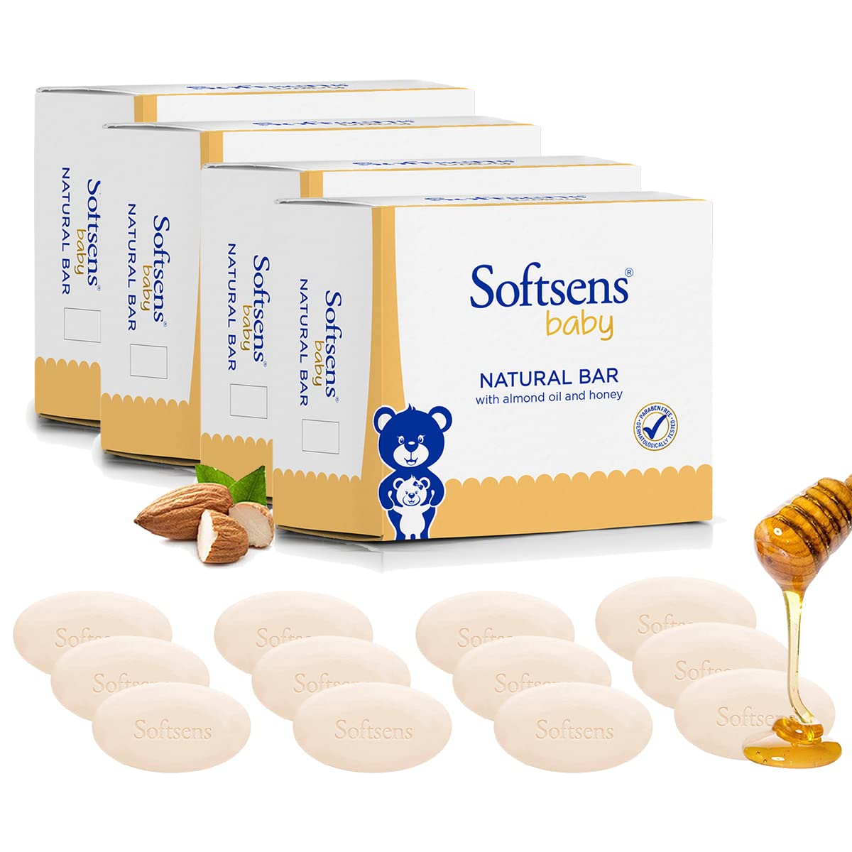 Softsens Natural Baby Bar Soap 100G Each X 12 (1200G) | Gentle Cleansing & Nourishing | With Almond Oil & Pure Honey| Dermatolog
