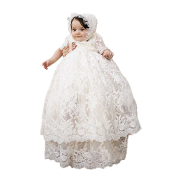 Long Ivory Christening Gown For Baby Girls Lace Baptism Dress With Bonnet 9M
