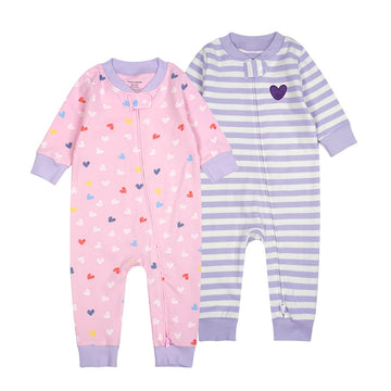 Teach Leanbh Baby 2-Pack 100% Cotton Romper Jumpsuits Two Way Zipper Long Sleeve Footless Sleep And Play (Puple Heart, 18-24 Mon