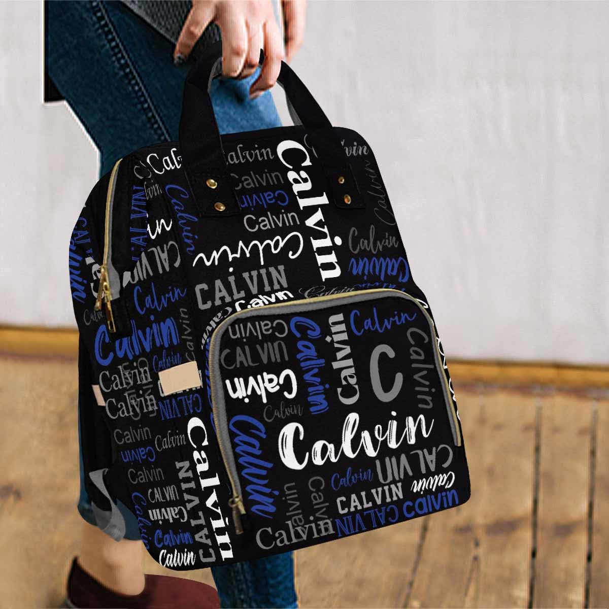 Artsadd Personalized Diaper Bag With Name, Customized Black And Blue Monogram Nappy Backpack With Thermal Pockets Multi-Function