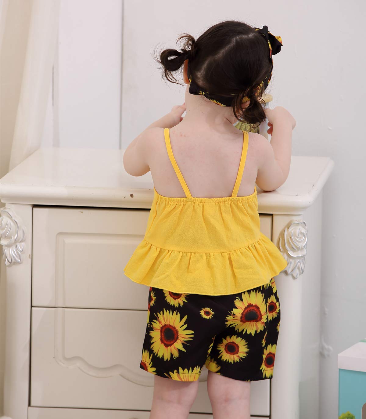 Kucnuzki Toddler Baby Girl Clothes Summer Outfits Ruffle Sleeveless Linen Shirt Kid Short Set For Girl (2T / 3T, Yellow+Black)