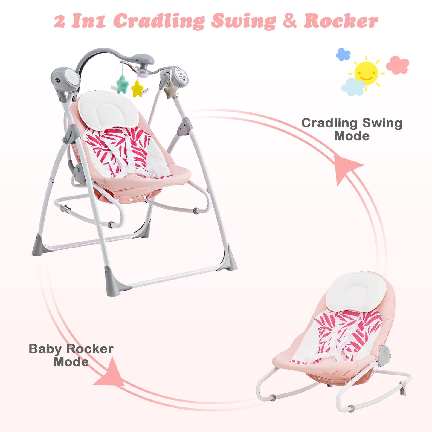 Infans 2 In 1 Baby Swing And Bouncer For Infants, Portable Newborn Rocker With 5 Speed Sway Music Timing 3 Toys Remote Control,