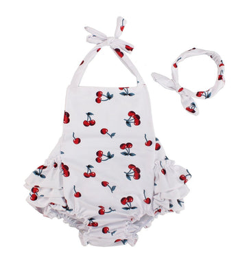 Dalary Baby Girl Cherry Pattern Bathing Suits Outfits Rompers With Headband (2-4 Year,White)