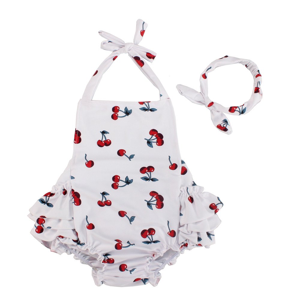 Dalary Baby Girl Cherry Pattern Bathing Suits Outfits Rompers With Headband (1-2 Years,White)