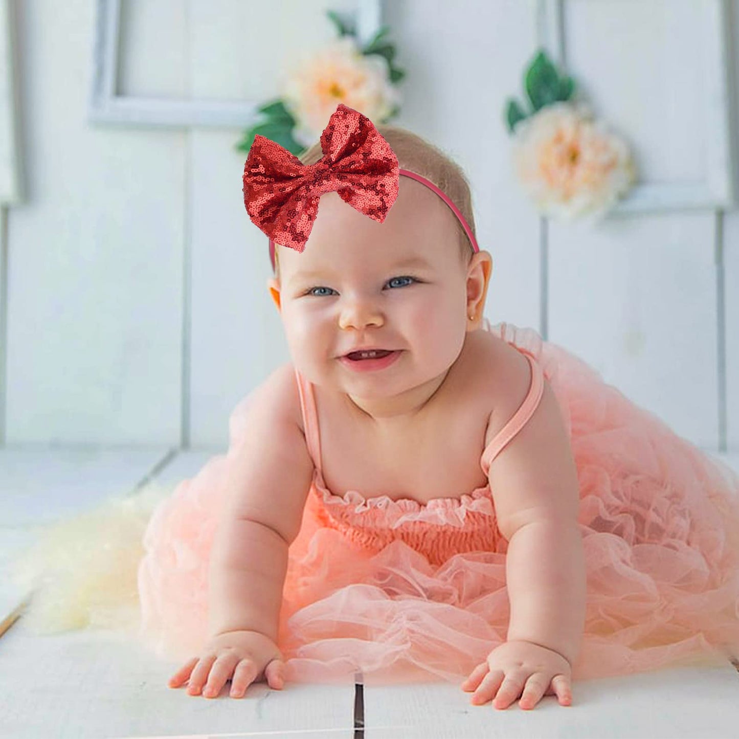 Song Qing Baby Infant Girls Hair Band Sequined Bow Headband Turban Knot Hair Headwear (Red)
