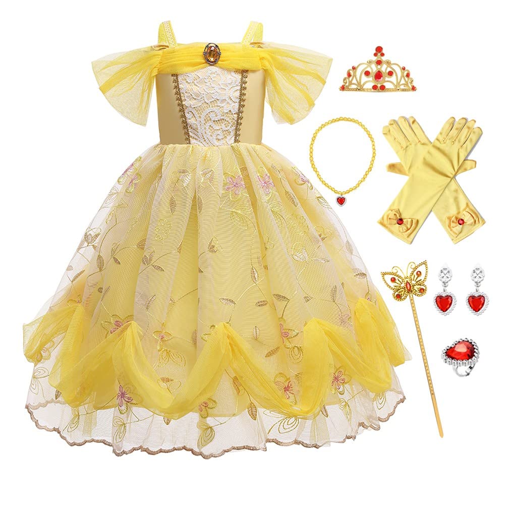 Fmyfwy Girls Belle Princess Fancy Dress Beauty And Beast Outfits Halloween Christmas Birthday Lace Gown W/Accessories,Yellow 011