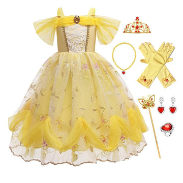 Fmyfwy Girls Belle Princess Fancy Dress Beauty And Beast Outfits Halloween Christmas Birthday Lace Gown W/Accessories,Yellow 011