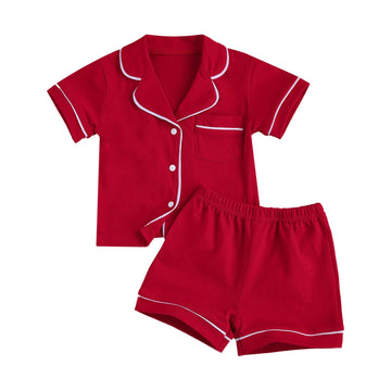 Bulingna Kids Toddler Baby Girl Summer Two Piece Pajamas Set Short Sleeve Button Down Top With Shorts Red