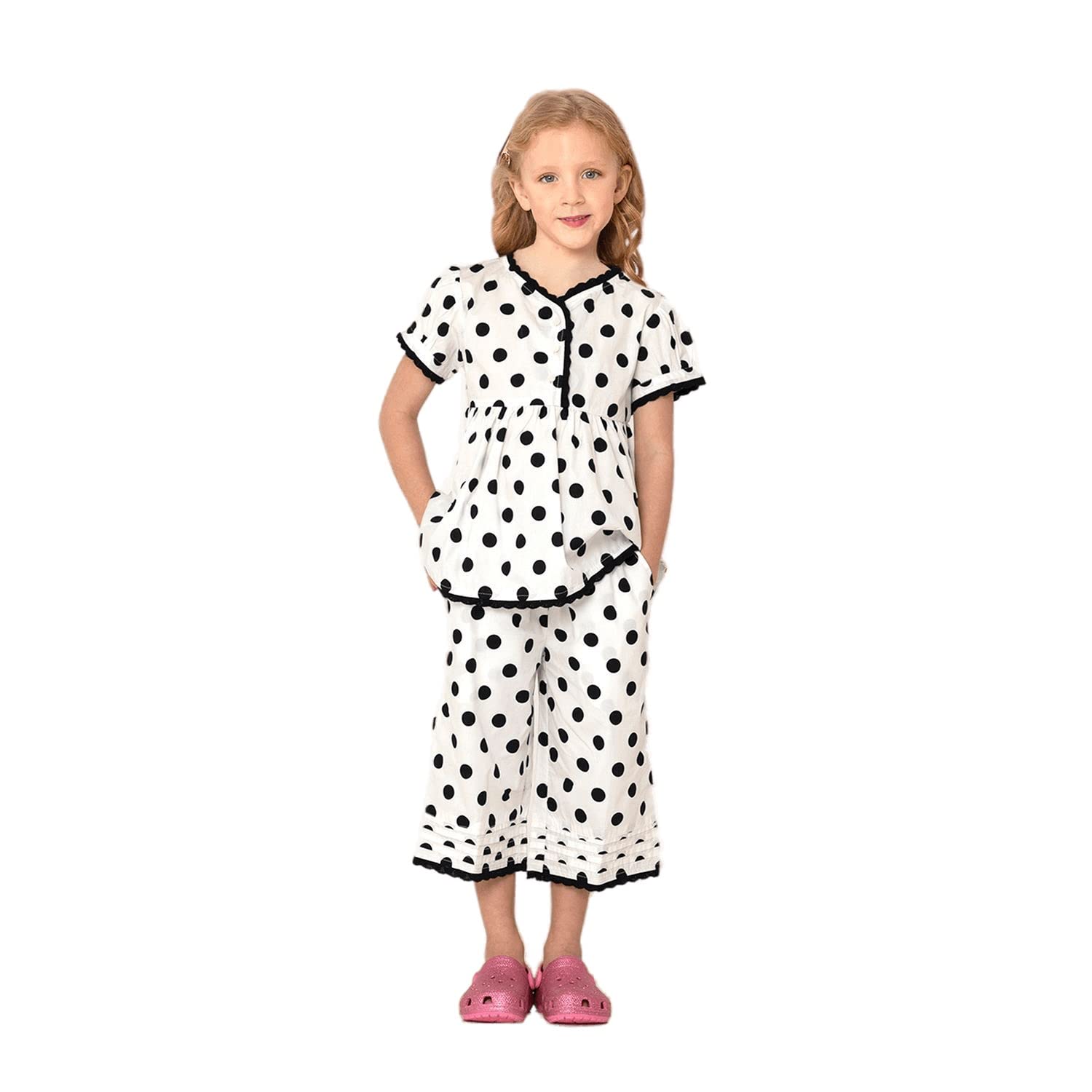 Cherry Crumble White Polka Dot 100% Cotton Half Sleeves V Collar Night Wear Regular Fit Summer Nightsuit for Girls