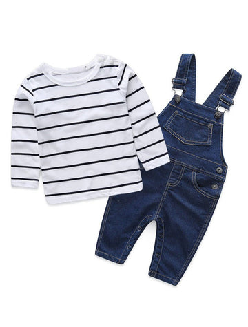 Abolai Cute Baby Boys Clothes Toddler Jumpsuit Rompers Jean Overalls Set With Stripe T-Shirt Black 70