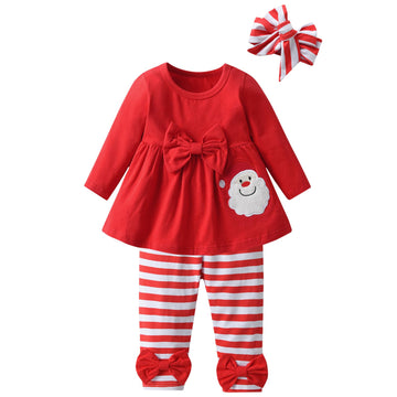 3Pcs Baby Girl Clothes Ruffle Bow Tie Christmas Shirt Tops Striped Pants Headband Outfit Sets (Red, 18-24 Months)