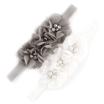 My Lello Baby Flower Headbands Fabric Beaded Trio Stretchy Elastic Pair (White/Gray)