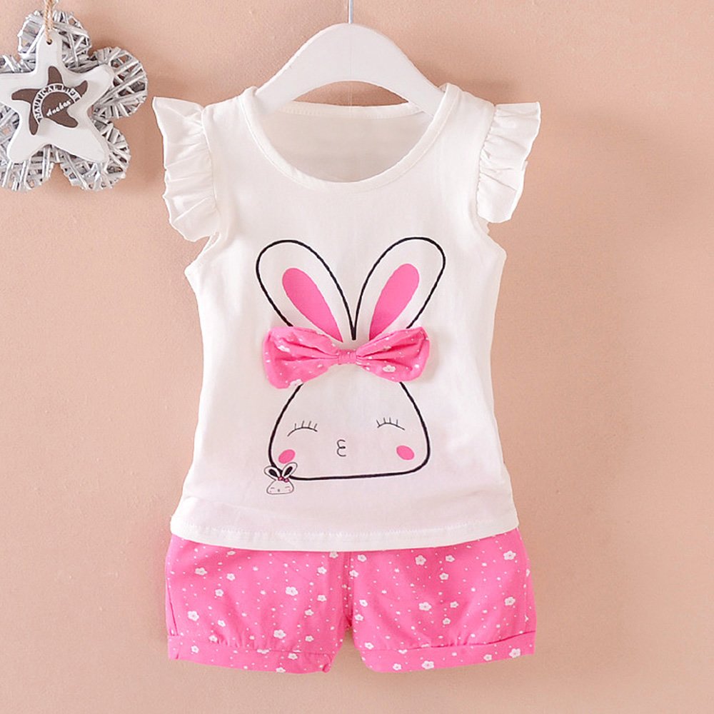 Mh-Lucky Baby Girl Clothes Outfits Short Sets 2 Pieces With T-Shirt + Short Pants (T-Red+White, 24 Months)