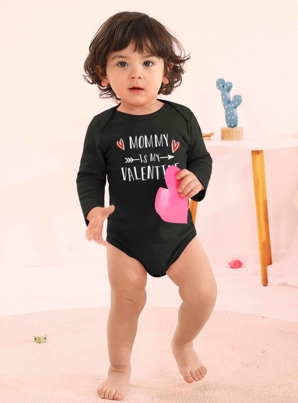 Besserbay Valentine'S Day Baby Long Sleeve Heart Bodysuit Infant Mommy Is My Valentine Envelope Neck Black Onesie 3-6 Months