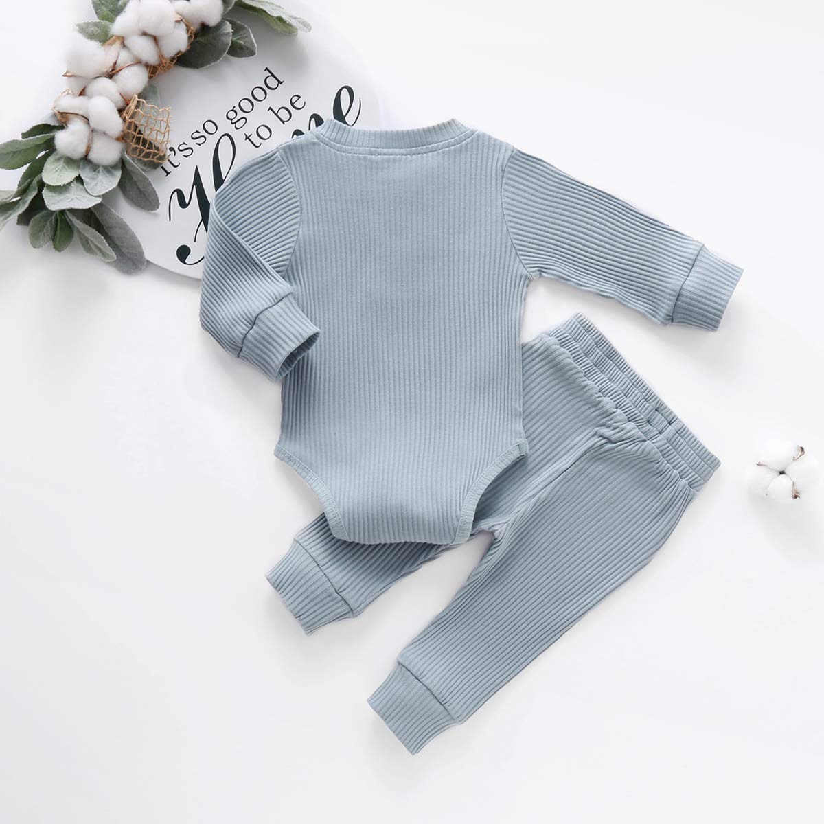 Baby Newborn Girls Boys Long Sleeve Clothes Striped Romper & Pants Set Infant Fall Winter Cotton Outfits (B-Blue, 12-18 Months)