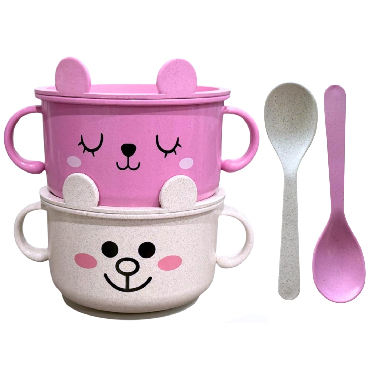 Unbreakable Bowls for Babies & Toddlers with Spoon and Lid, Eco-Friendly Wheat Straw, Stay Put Suction, BPA-Free, Microwave & Di