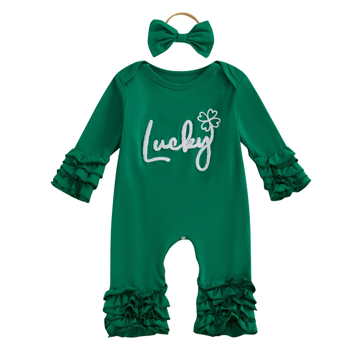 Amnnchya Baby Girl St Patricks Day Outfit Clover Lucky Charm Long Sleeve Ruffle Romper Cute Clothes Newborn Bodysuit, Green, 03