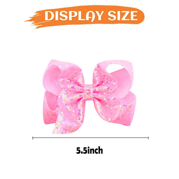 2Pcs Glitter Pink Bows For Girls 5Inchs Hand-Made Shiny Glitter Ribbon Hair Bows Alligator Clips Sparkle Sequins Hair Accessorie
