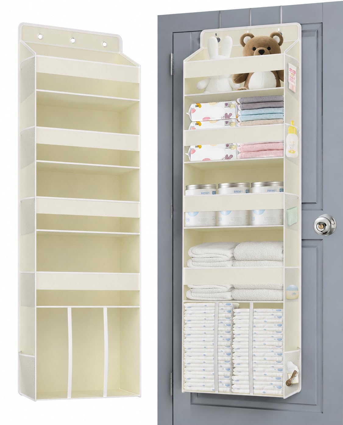 TAHAVICE 1 PC Over the Door Diaper Organizer with 1 Large Capacity Caddy, 4 Shelf & 10 Mesh Side Pockets, Baby Stuff Hanging Cad