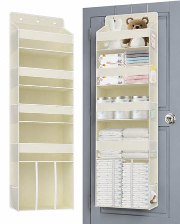 TAHAVICE 1 PC Over the Door Diaper Organizer with 1 Large Capacity Caddy, 4 Shelf & 10 Mesh Side Pockets, Baby Stuff Hanging Cad