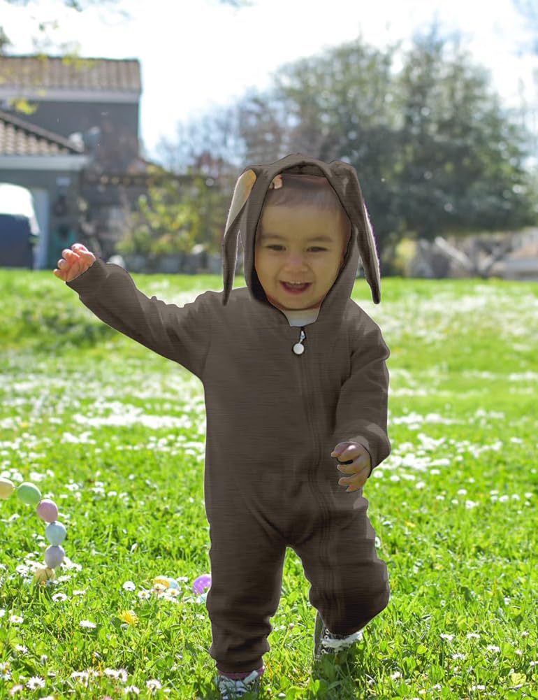 Agqt Baby Boys Bunny Costume Easter Halloween Clothes One Piece Romper Rabbit Ear Outfit Bodysuits Hoodie Brown Size 3-6 Months